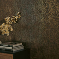Linen Leaf Wallpaper in Chocolate with Gold Foil