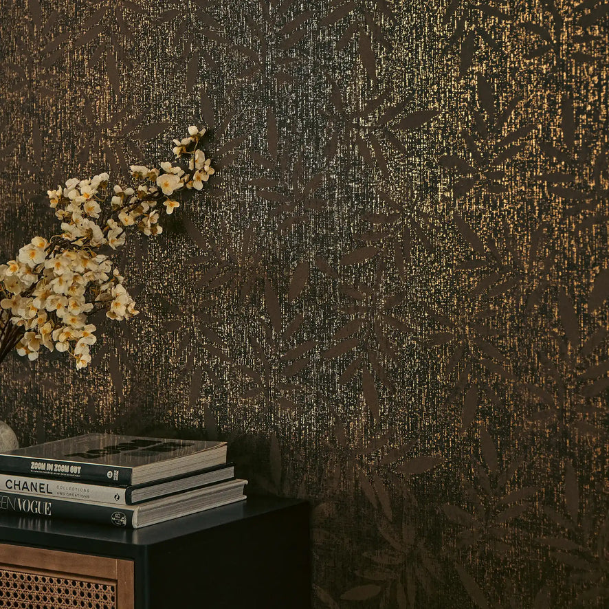 Linen Leaf Wallpaper in Chocolate with Gold Foil