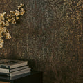 Linen Leaf Wallpaper in Chocolate with Gold Foil