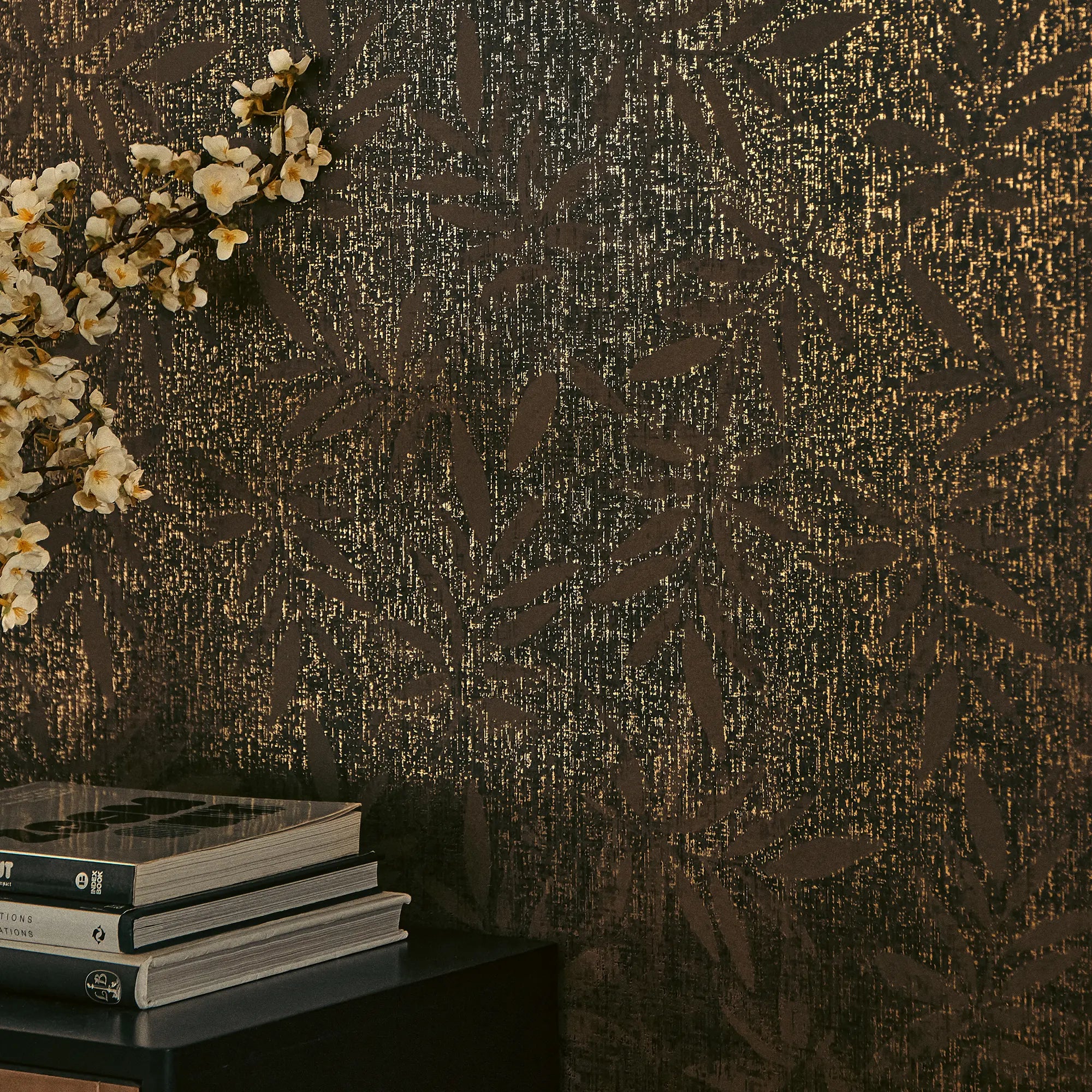 Linen Leaf Wallpaper in Chocolate with Gold Foil