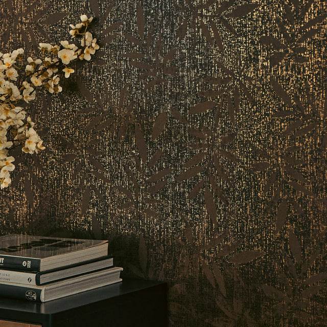 Linen Leaf Wallpaper in Chocolate with Gold Foil