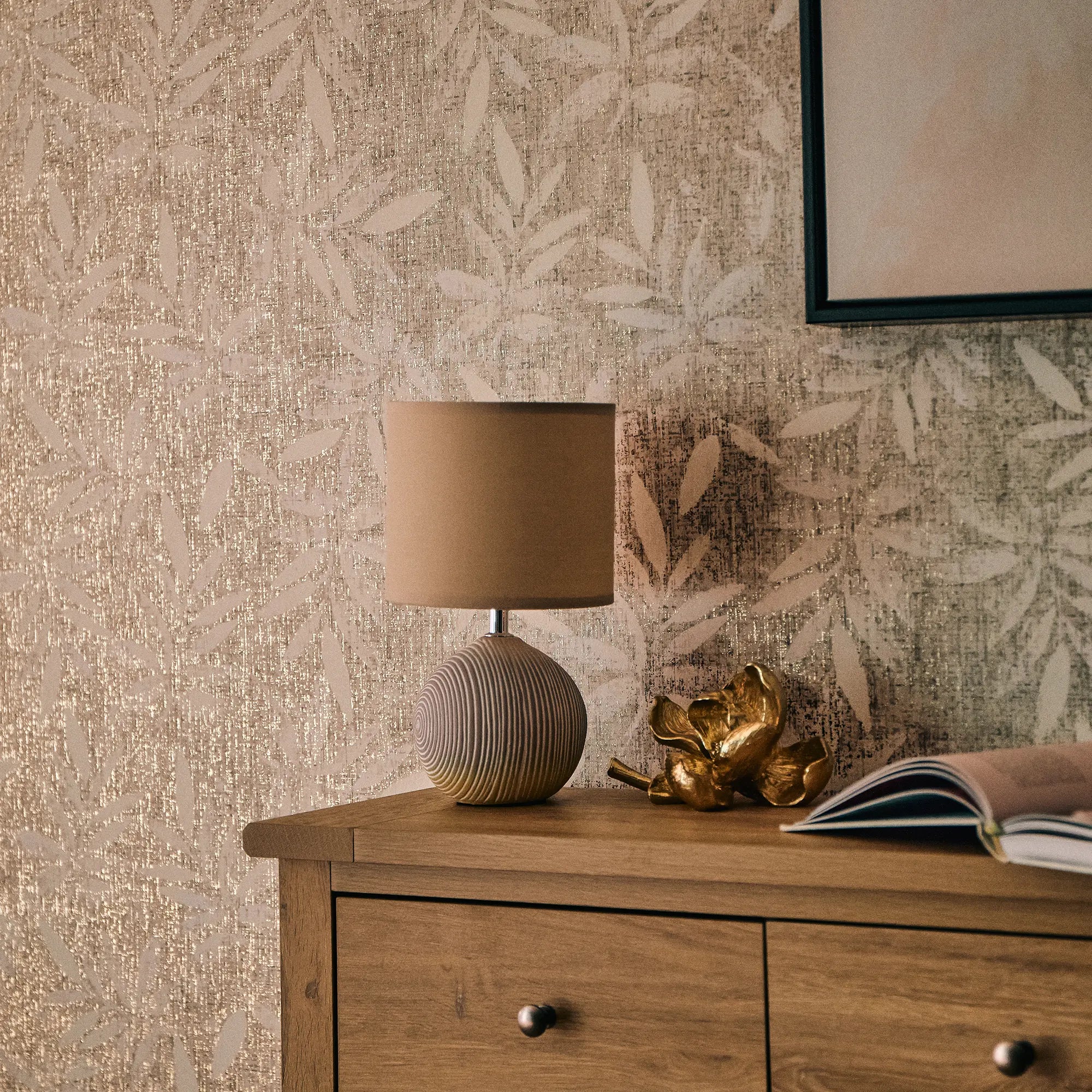 Linen Leaf Wallpaper in Cream with Gold Foil