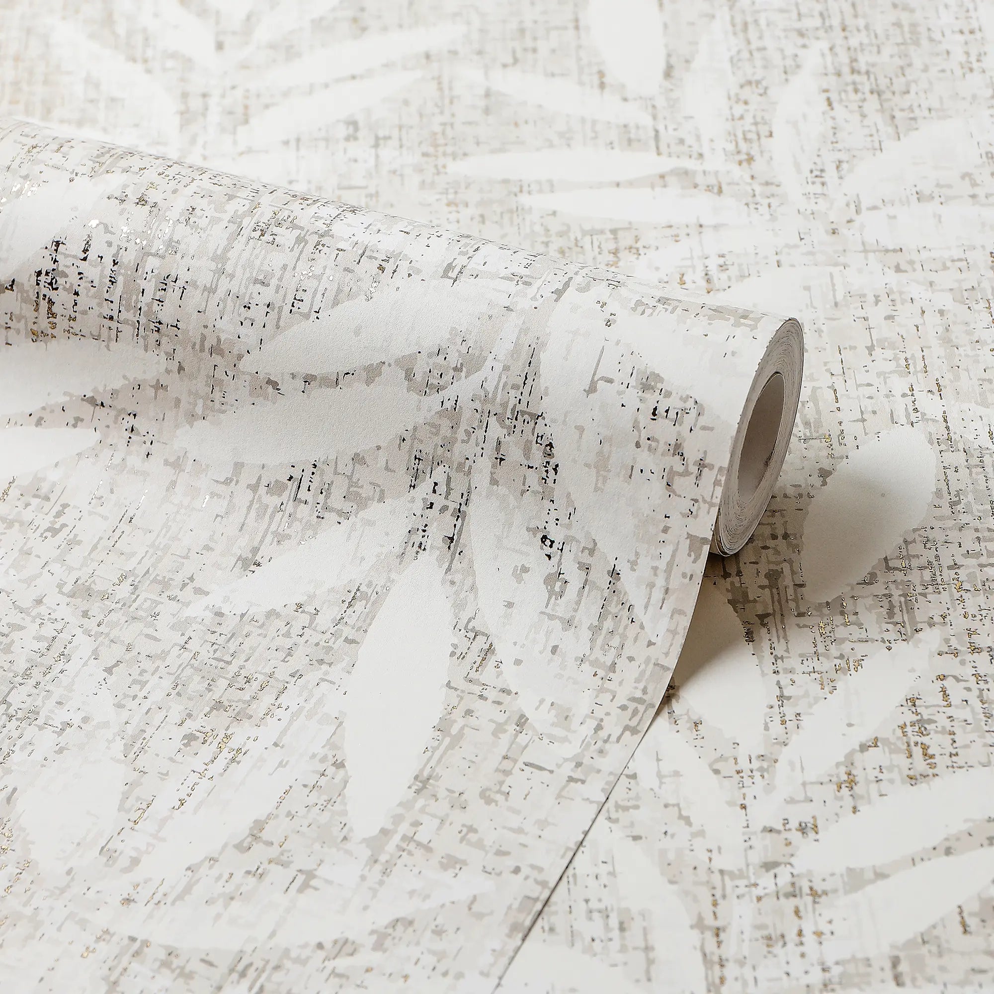 Linen Leaf Wallpaper in Grey with Gold Foil