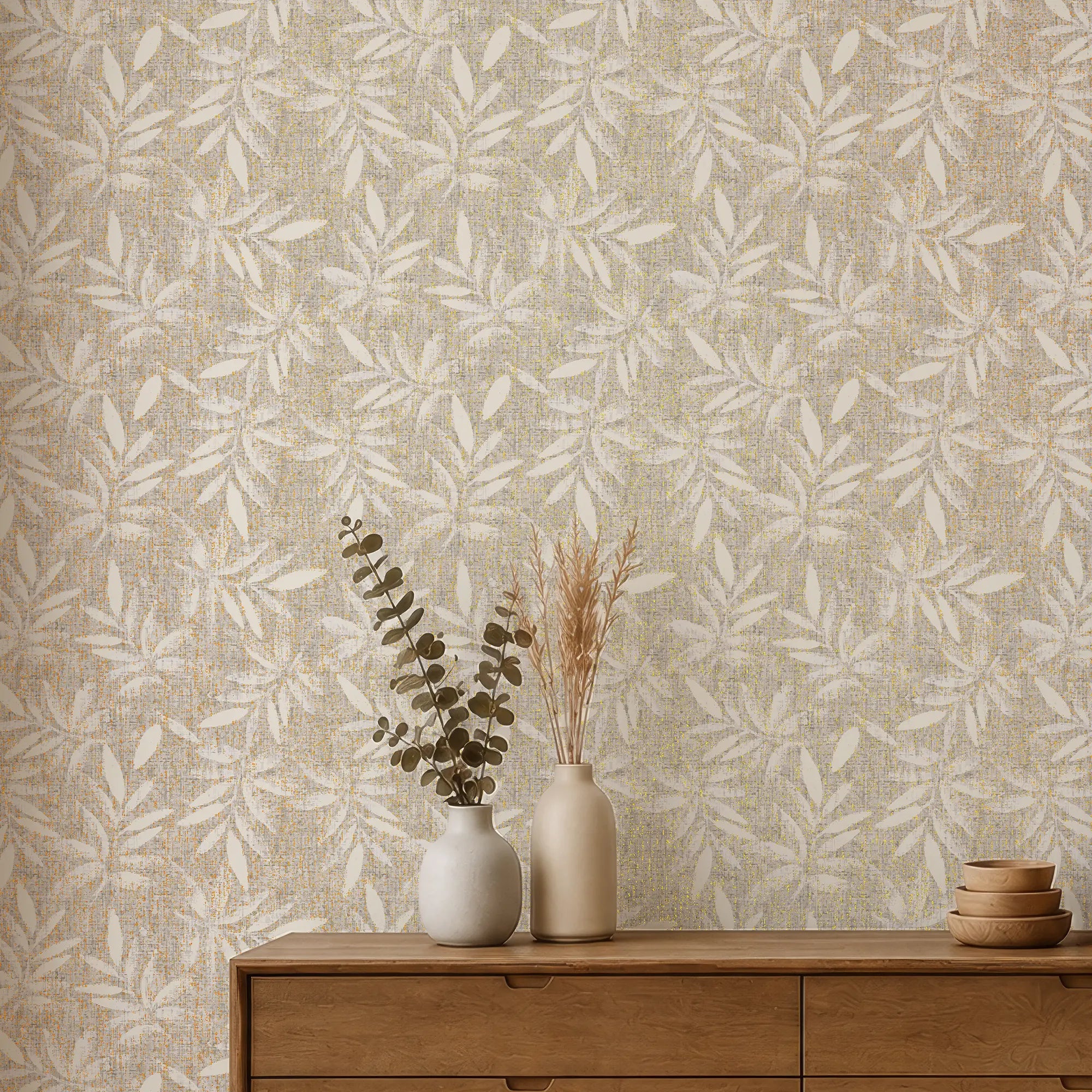 Linen Leaf Wallpaper in Grey with Gold Foil
