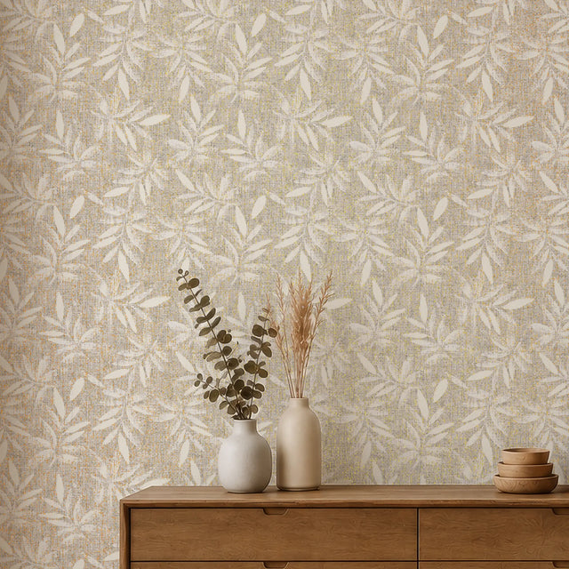 Linen Leaf Wallpaper in Grey with Gold Foil