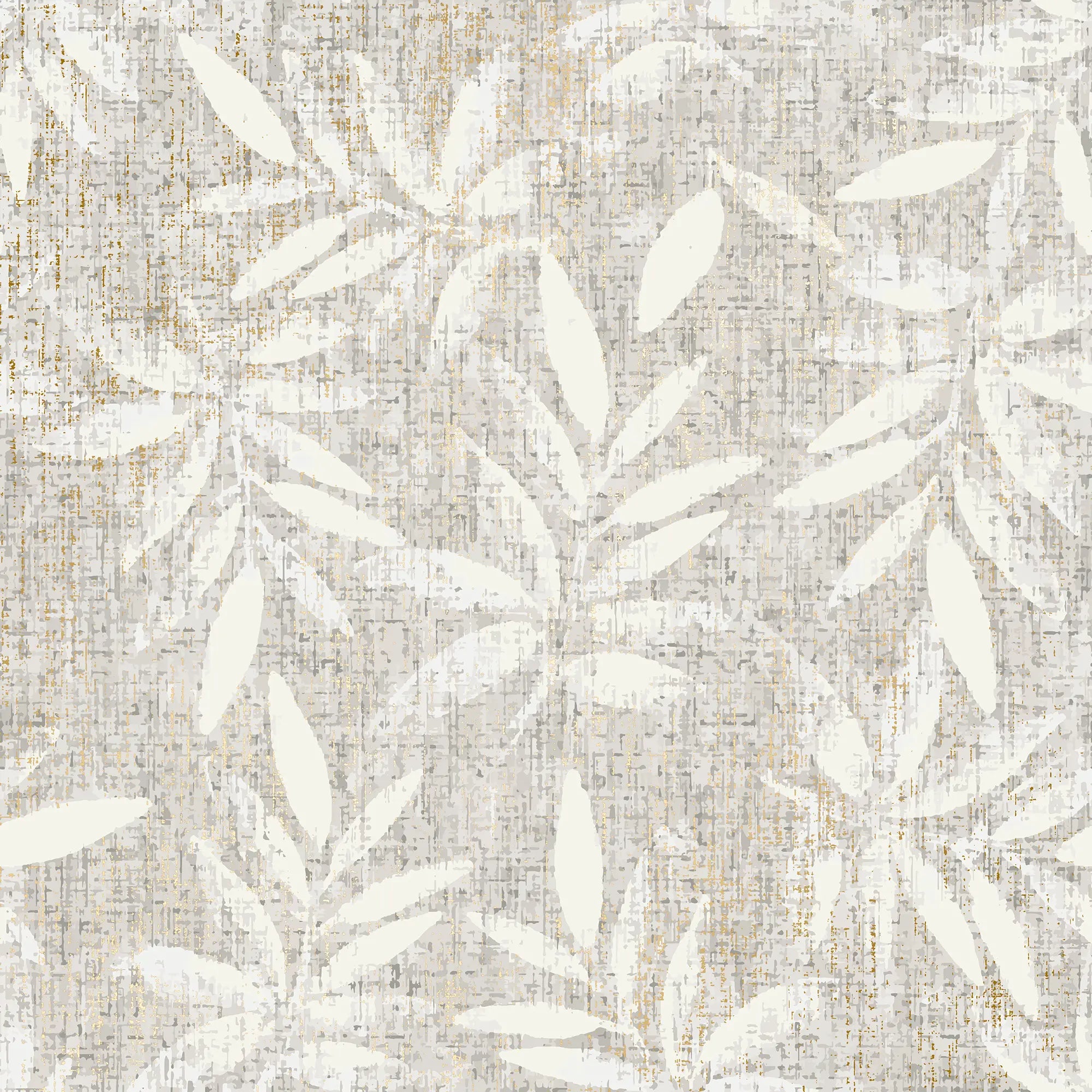 Linen Leaf Wallpaper in Grey with Gold Foil