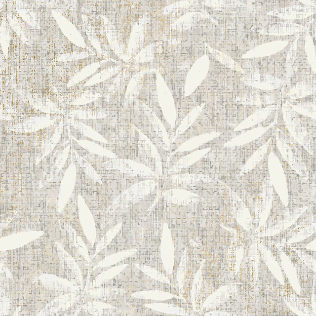 Linen Leaf Wallpaper in Grey with Gold Foil