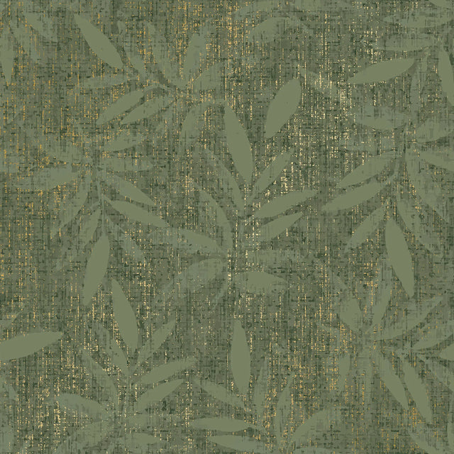 Linen Leaf Wallpaper in Green with Gold Foil