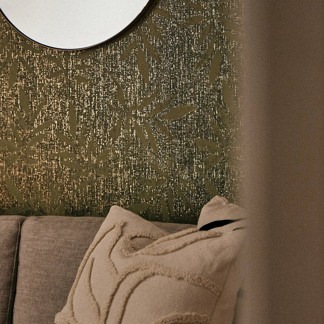 Linen Leaf Wallpaper in Green with Gold Foil