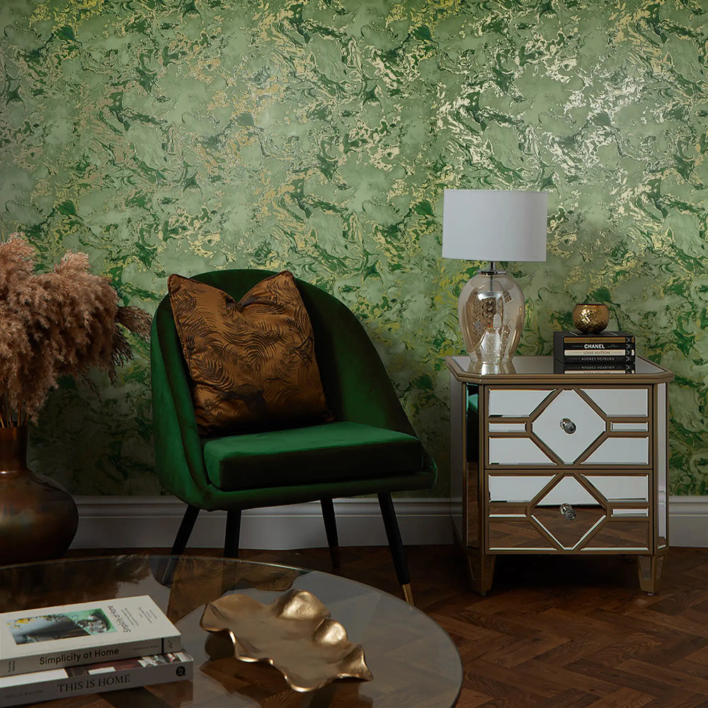 Liquid Marble Wallpaper in Olive and Gold