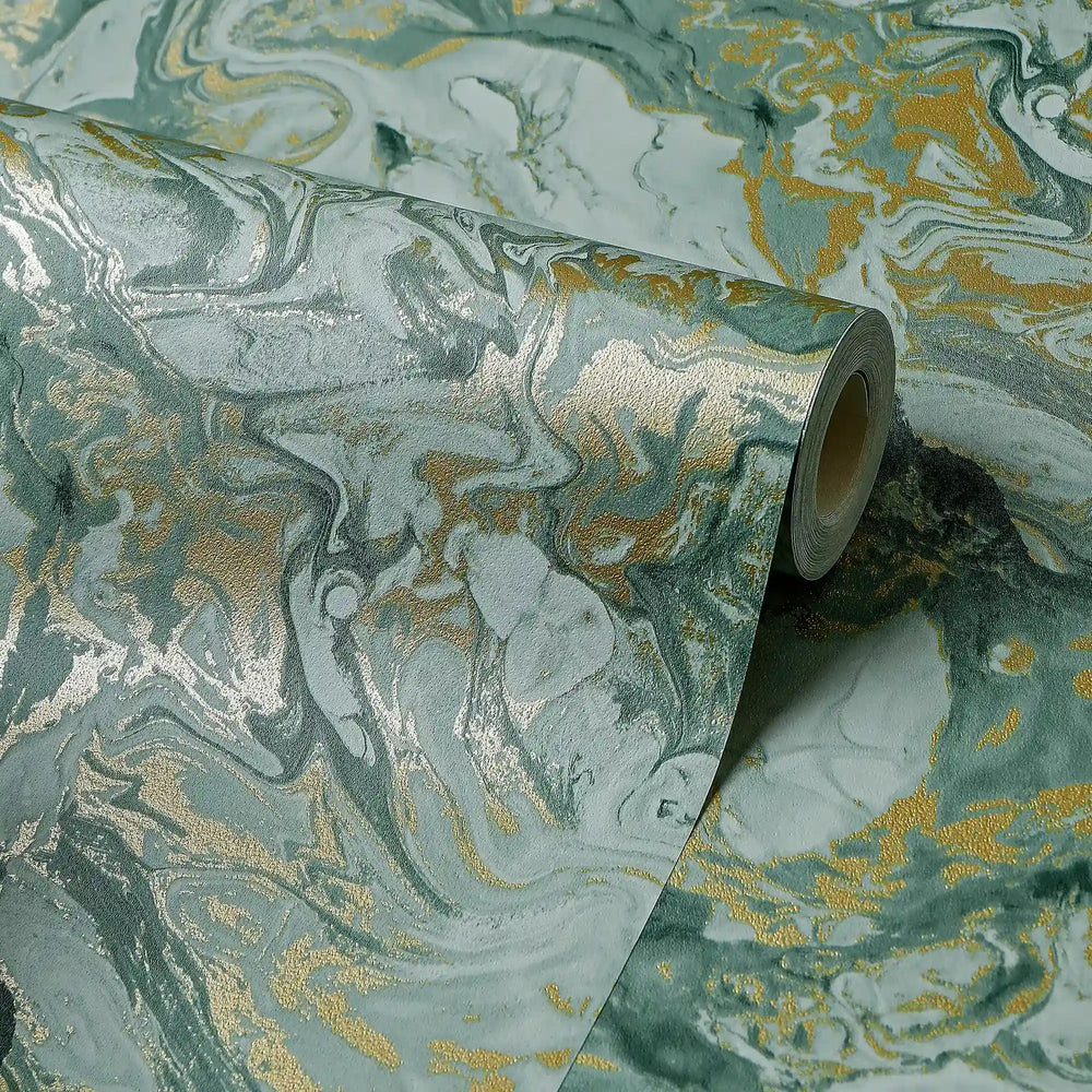 Liquid Marble Wallpaper in Sage and Gold