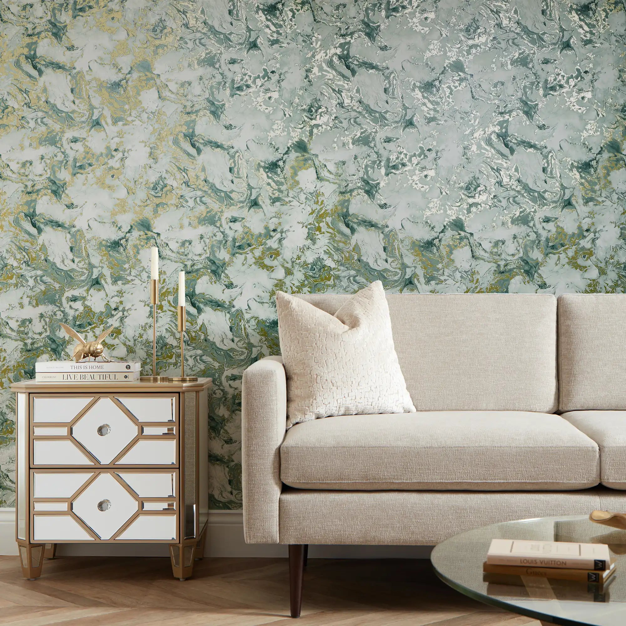 Liquid Marble Wallpaper in Sage and Gold