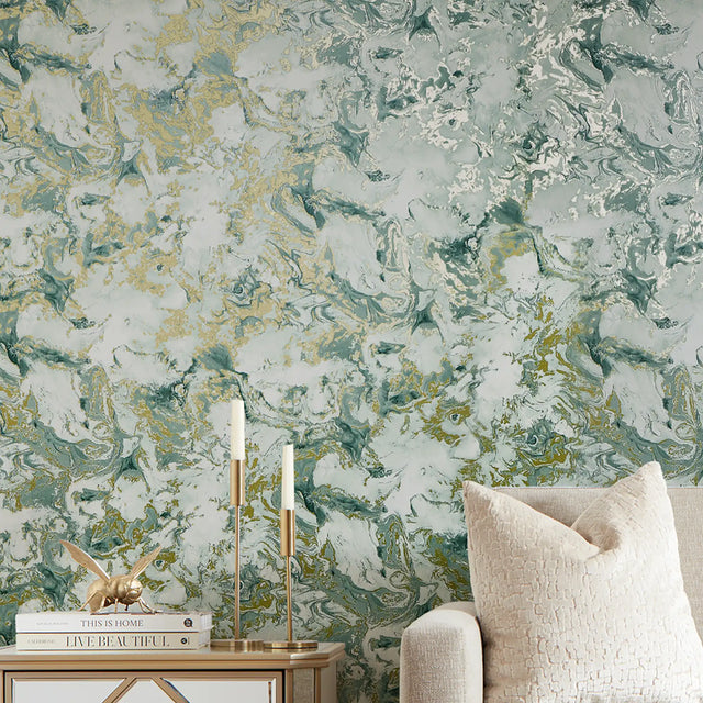 Liquid Marble Wallpaper in Sage and Gold