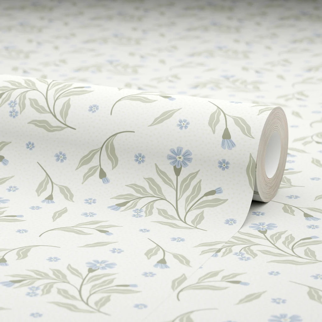 Meadow Flower Dance Wallpaper in Soft Blue