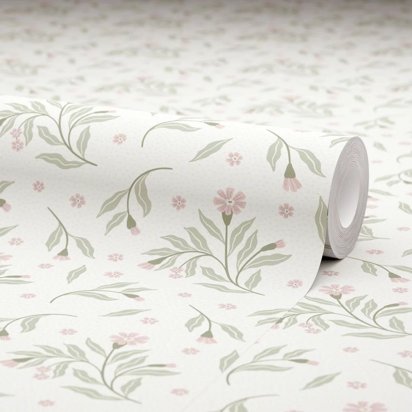 Meadow Flower Dance Wallpaper in Soft Pink