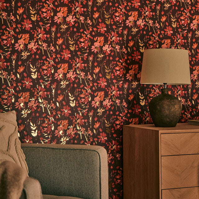Midnight Meadow Wallpaper in Burgundy with Gold Foil