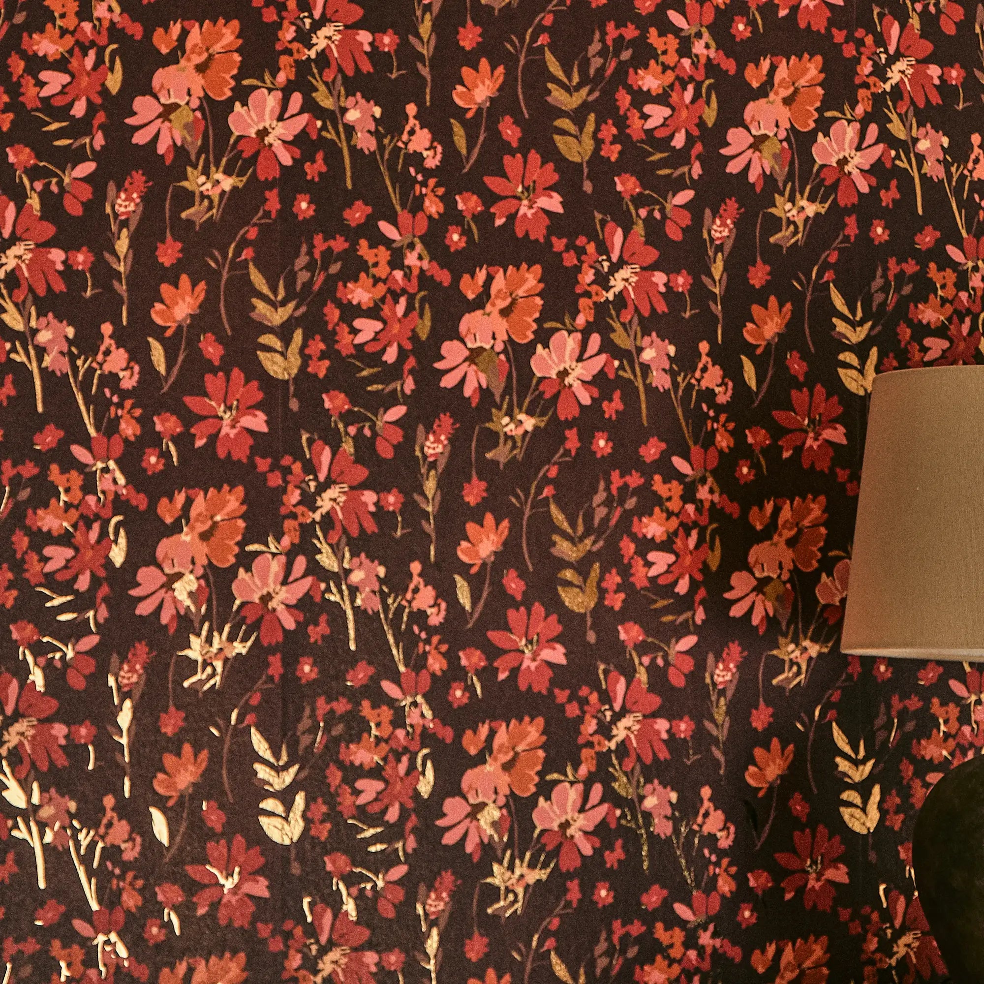 Midnight Meadow Wallpaper in Burgundy with Gold Foil