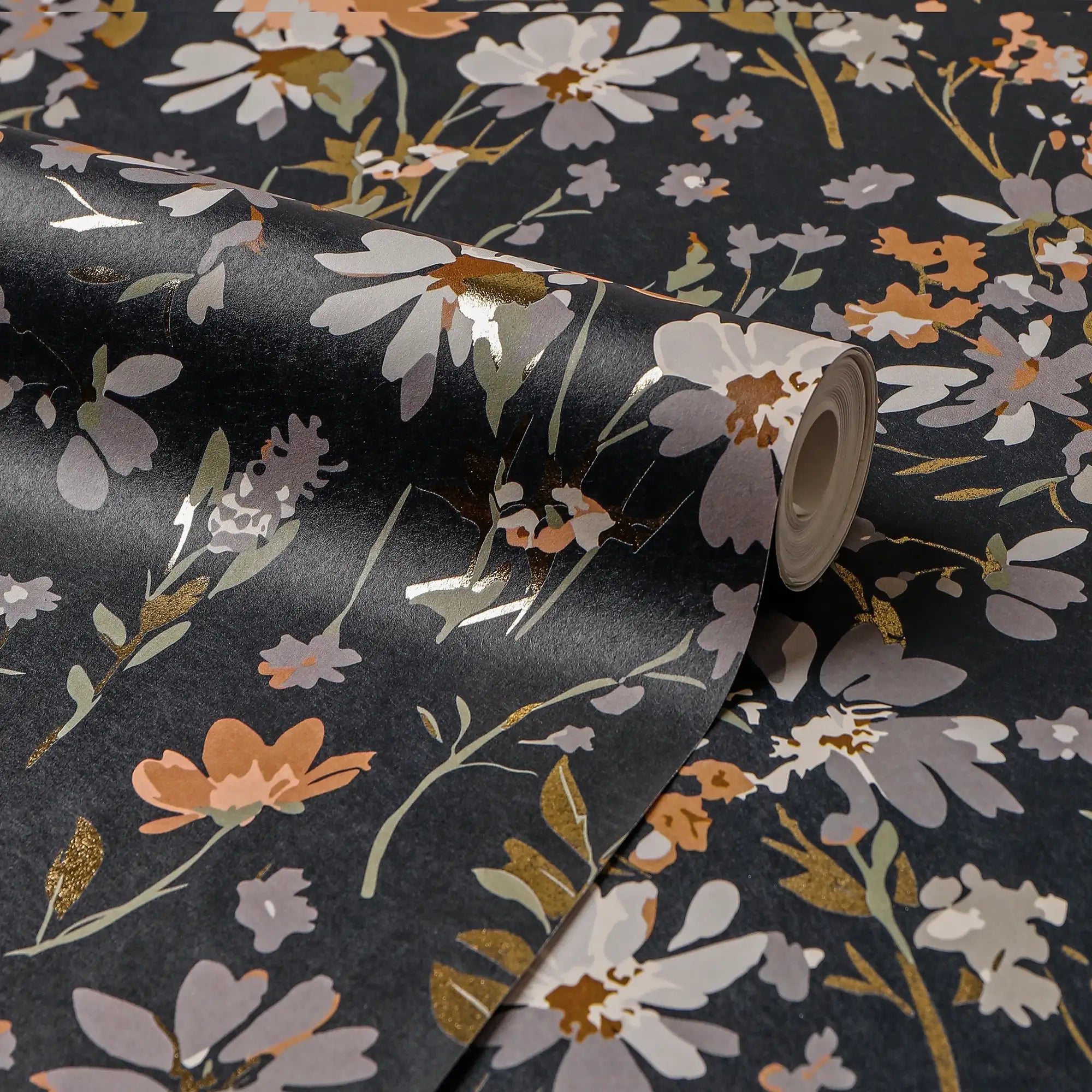 Midnight Meadow Wallpaper in Deep Blue with Gold Foil