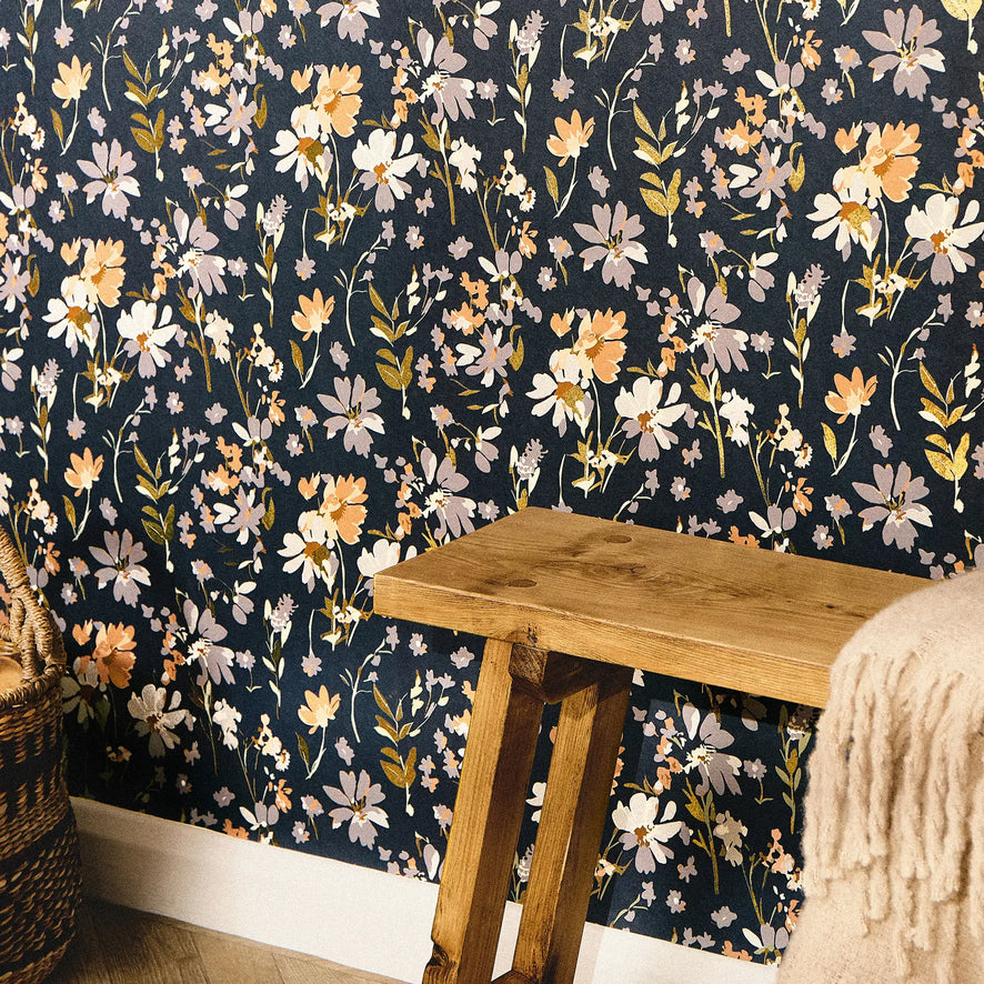 Midnight Meadow Wallpaper in Deep Blue with Gold Foil