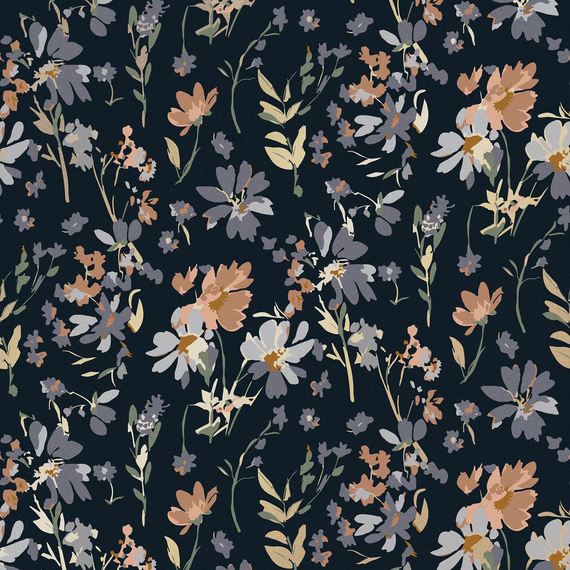 Midnight Meadow Wallpaper in Deep Blue with Gold Foil