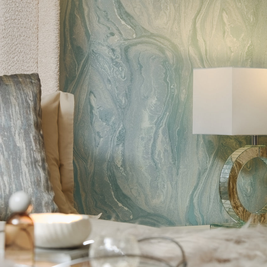 Monsoon Metallic Wallpaper in Duck Egg and Pearl