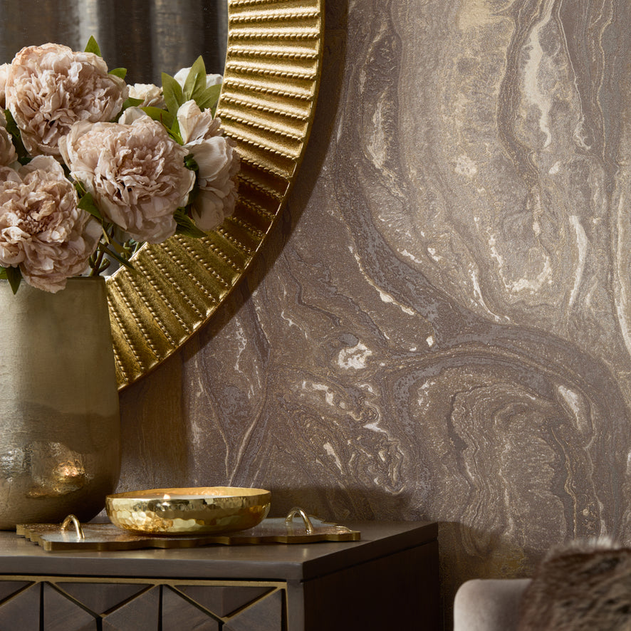 Monsoon Metallic Wallpaper in Mocha and Gold