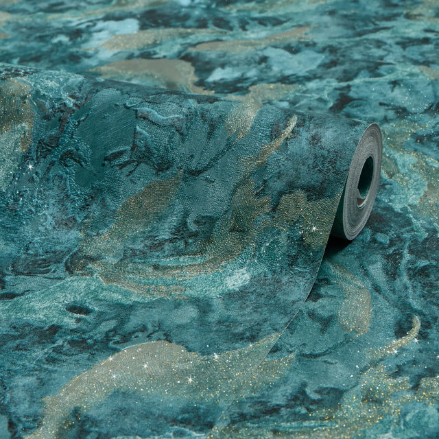 Nabari Wallpaper in Teal, Charcoal and Gold Glitter