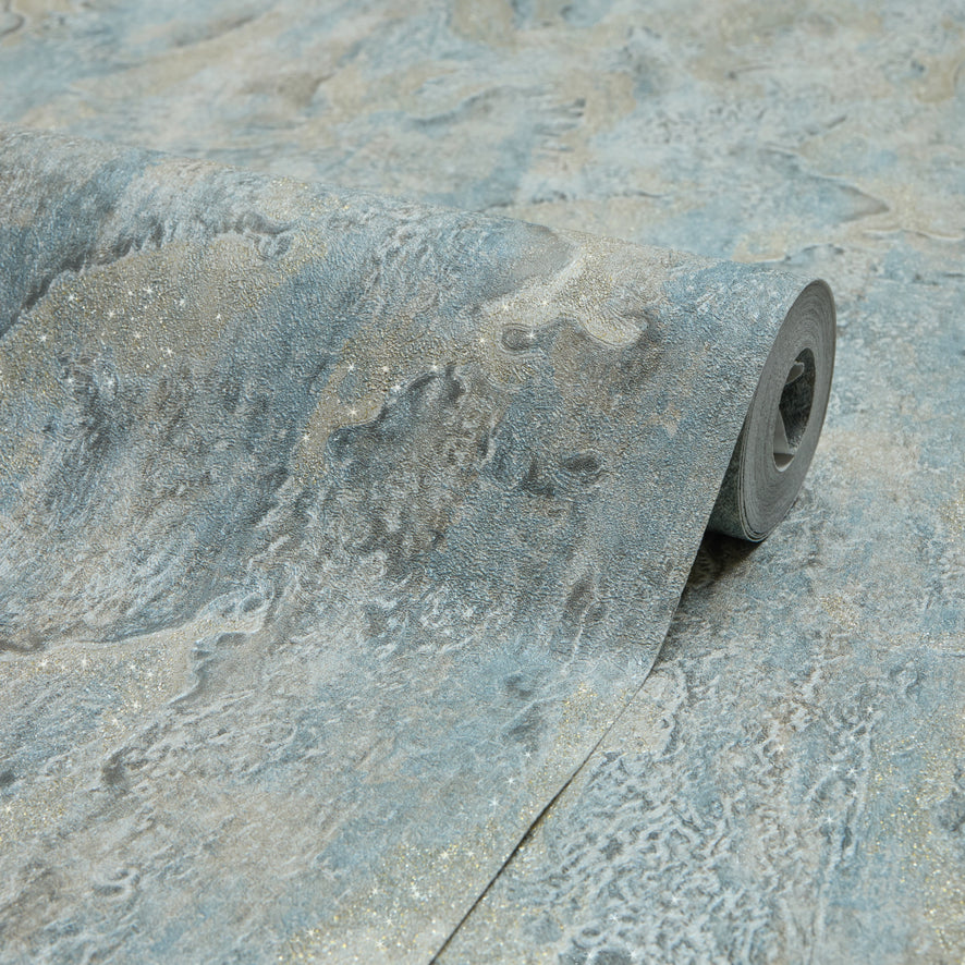 Nador Wallpaper in Duck Egg, Grey and Gold Glitter