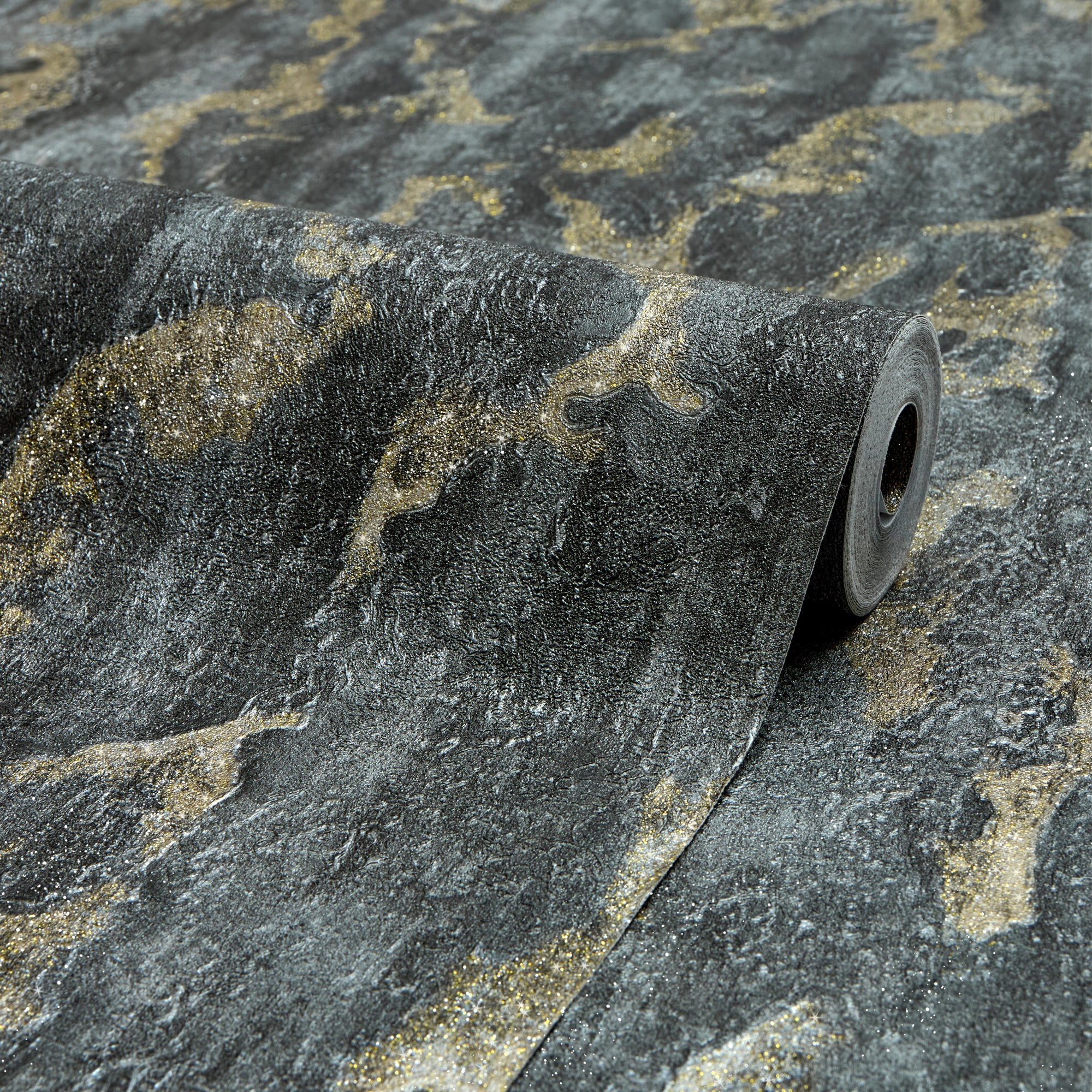 Nador Wallpaper in Graphite, Grey and Gold Glitter