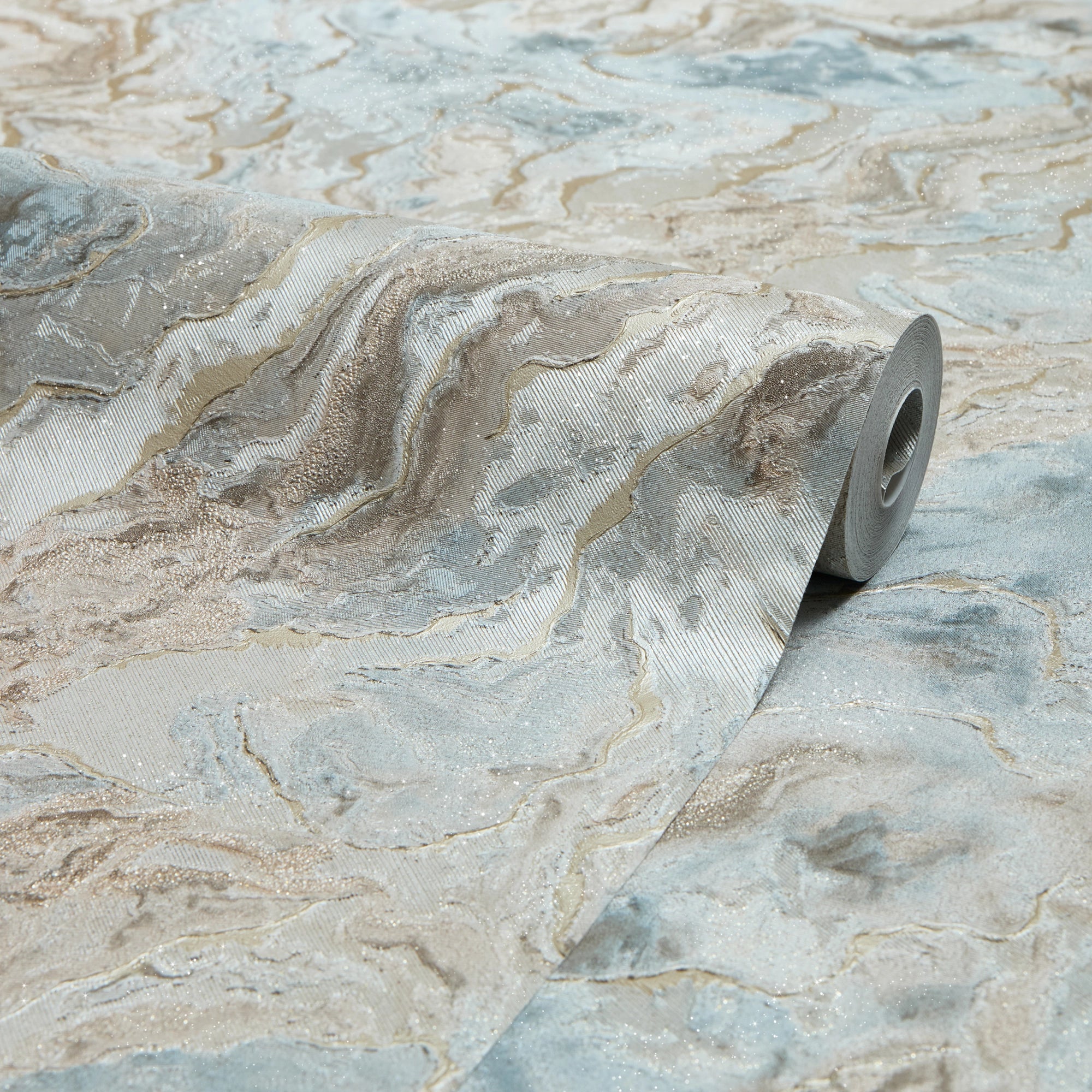 Nakura Wallpaper in Duck Egg and Gold with Gold Metallic