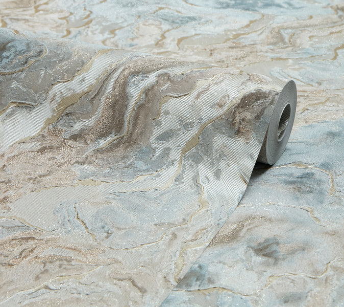 Nakura Wallpaper in Duck Egg and Gold with Gold Metallic