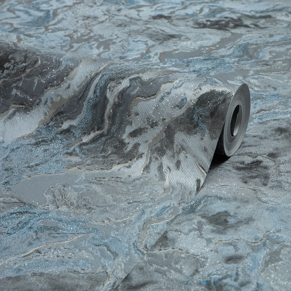 Nakura Wallpaper in Grey and Blue with Silver Metallic