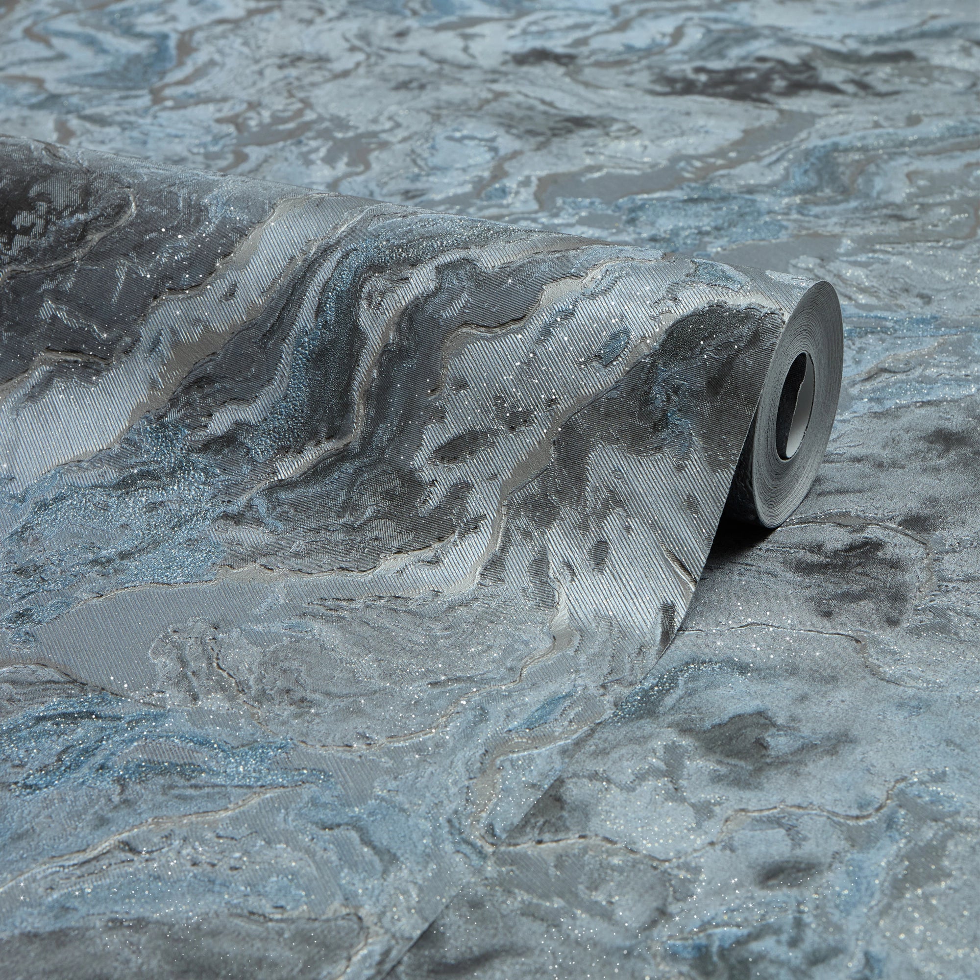 Nakura Wallpaper in Grey and Blue with Silver Metallic