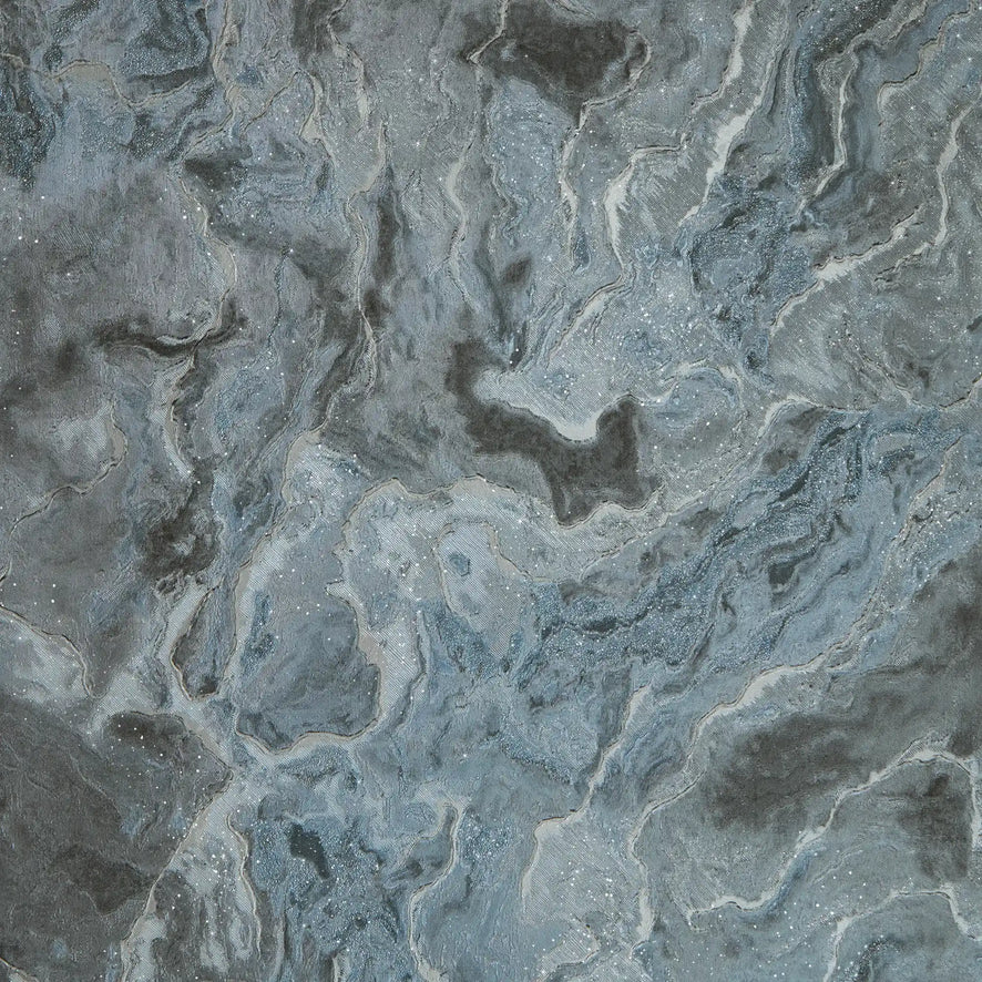 Nakura Wallpaper in Grey and Blue with Silver Metallic