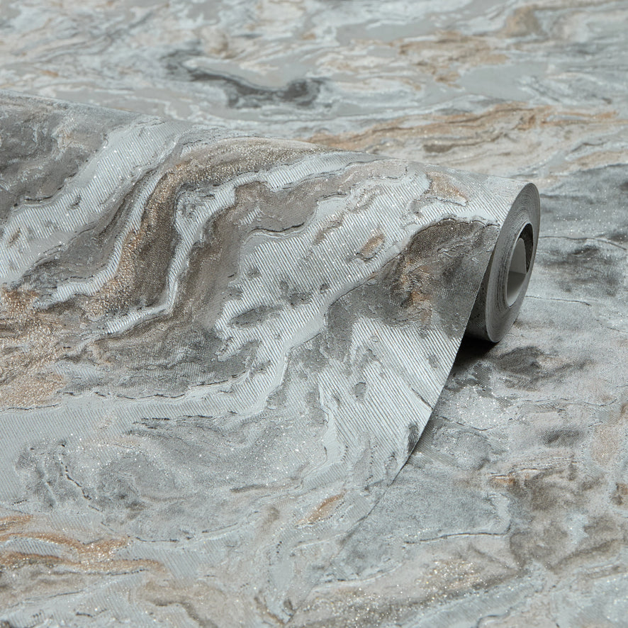 Nakura Wallpaper in Grey and Silver with Bronze Metallic