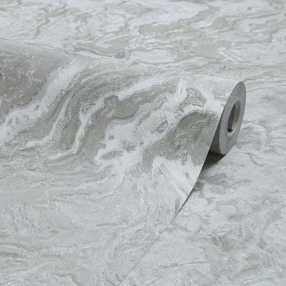 Nakura Wallpaper in Grey and Silver with Silver Metallic