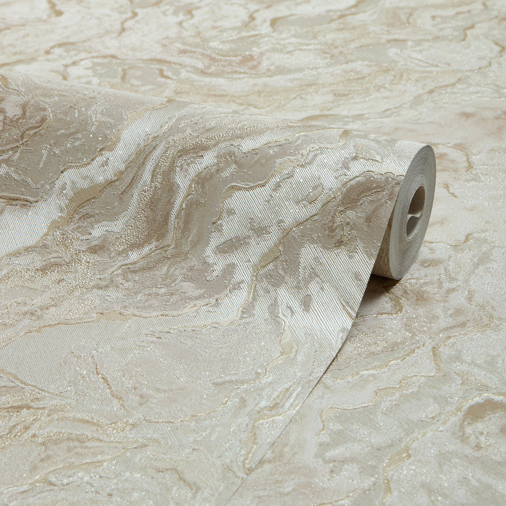 Nakura Wallpaper in Ivory and Light Brown with Gold Metallic