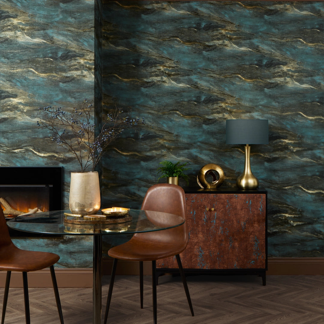 Nirvana Metallic Wallpaper in Teal and Gold