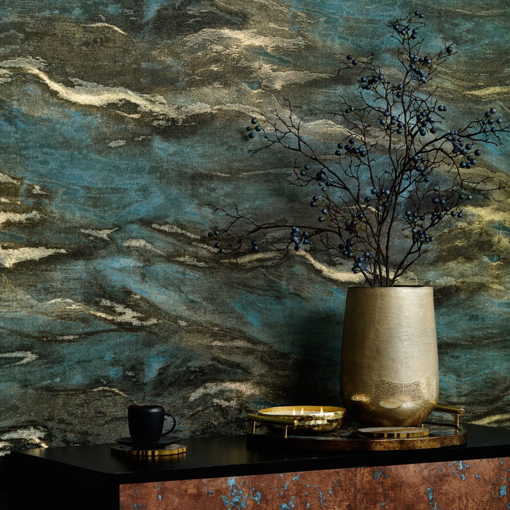 Nirvana Metallic Wallpaper in Teal and Gold