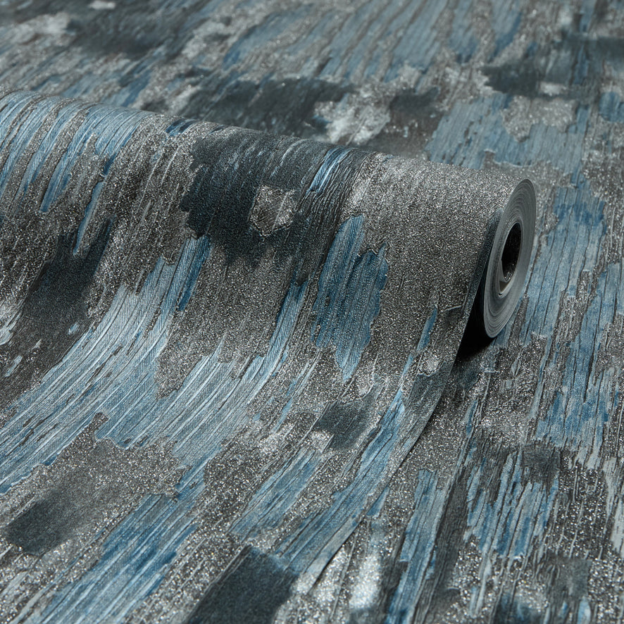 Novara Wallpaper in Blue, Charcoal and Silver Glitter