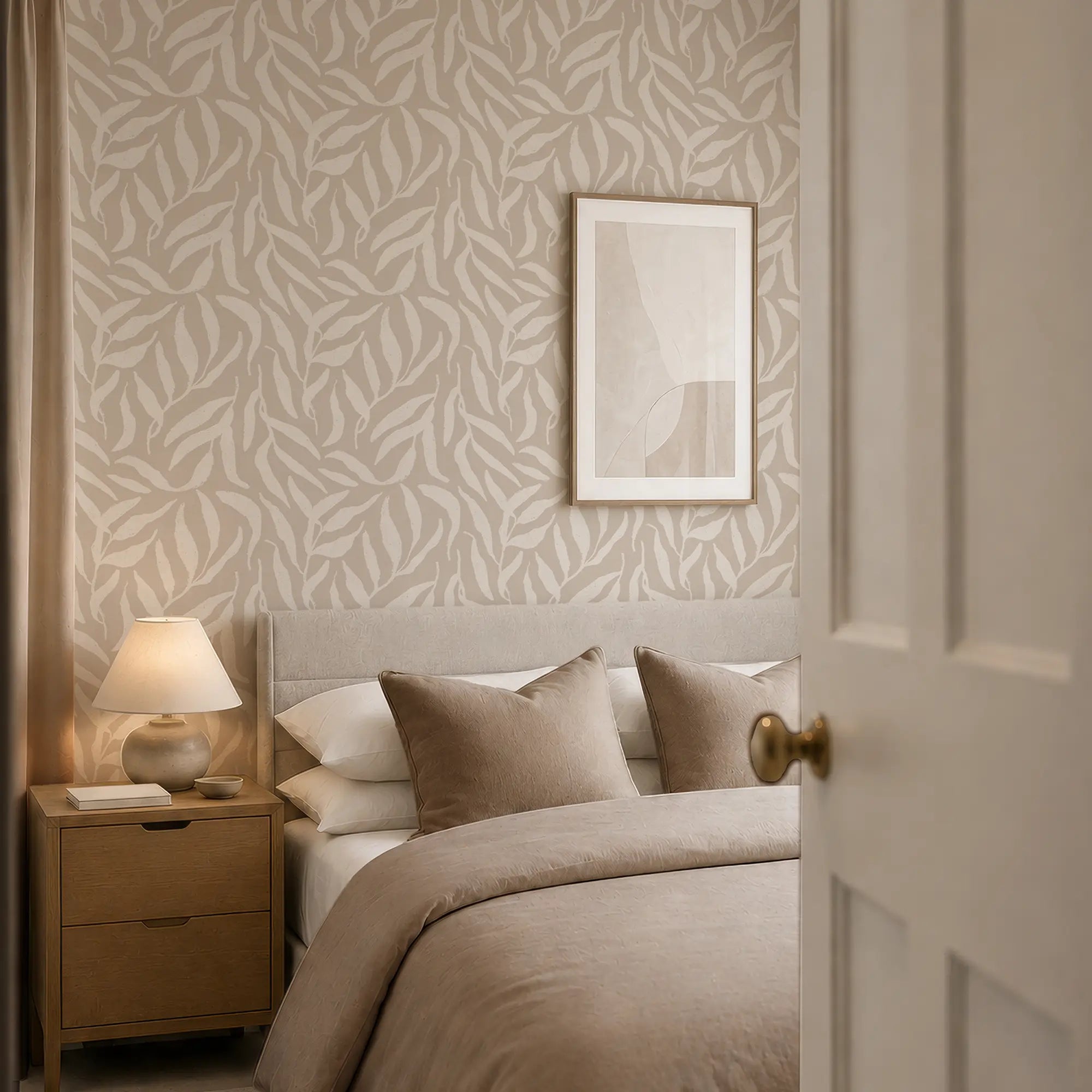 Olive Leaf Wallpaper in Almond Latte