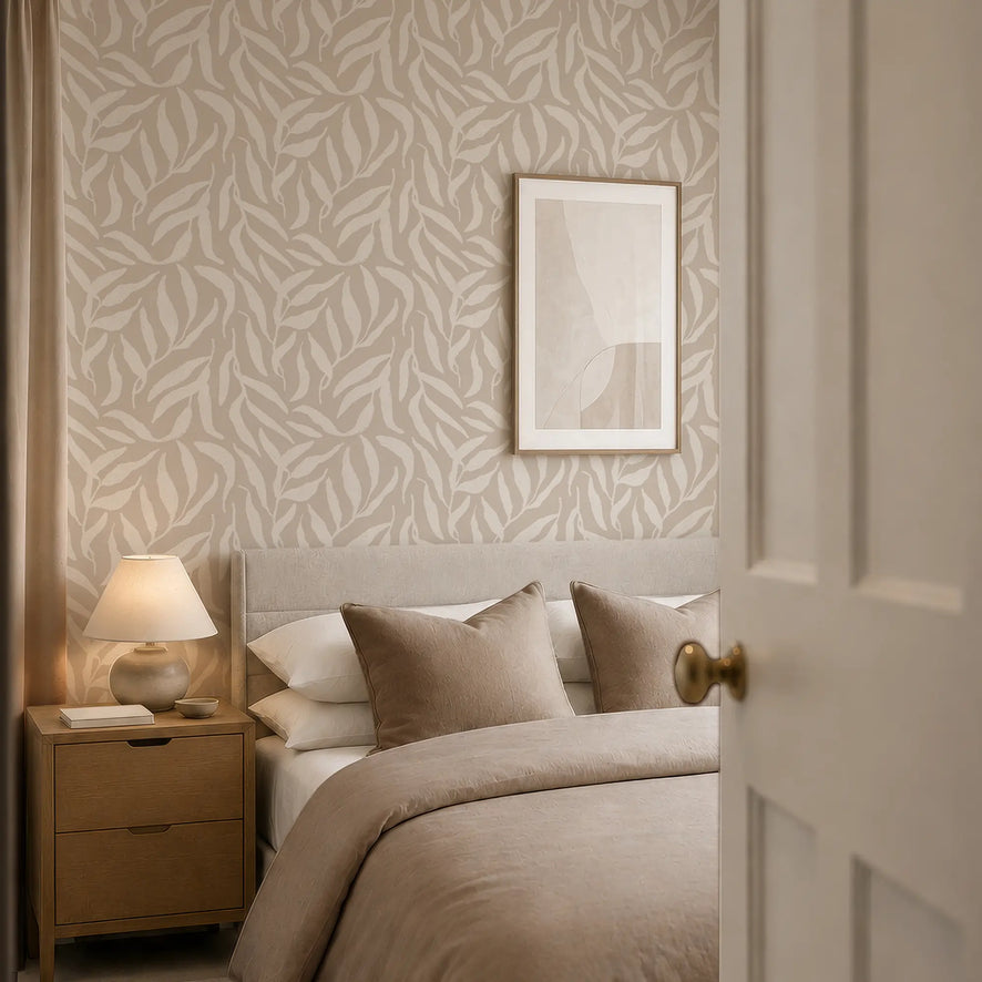 Olive Leaf Wallpaper in Almond Latte