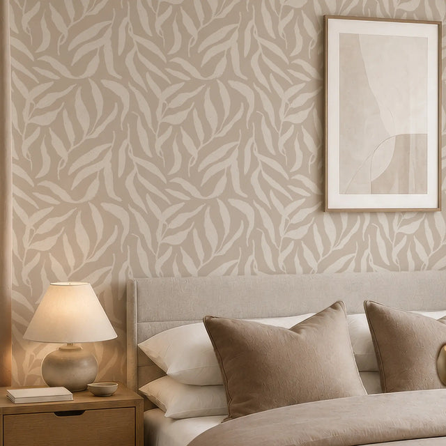 Olive Leaf Wallpaper in Almond Latte