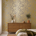 Olive Leaf Wallpaper in Almond with Gold Foil