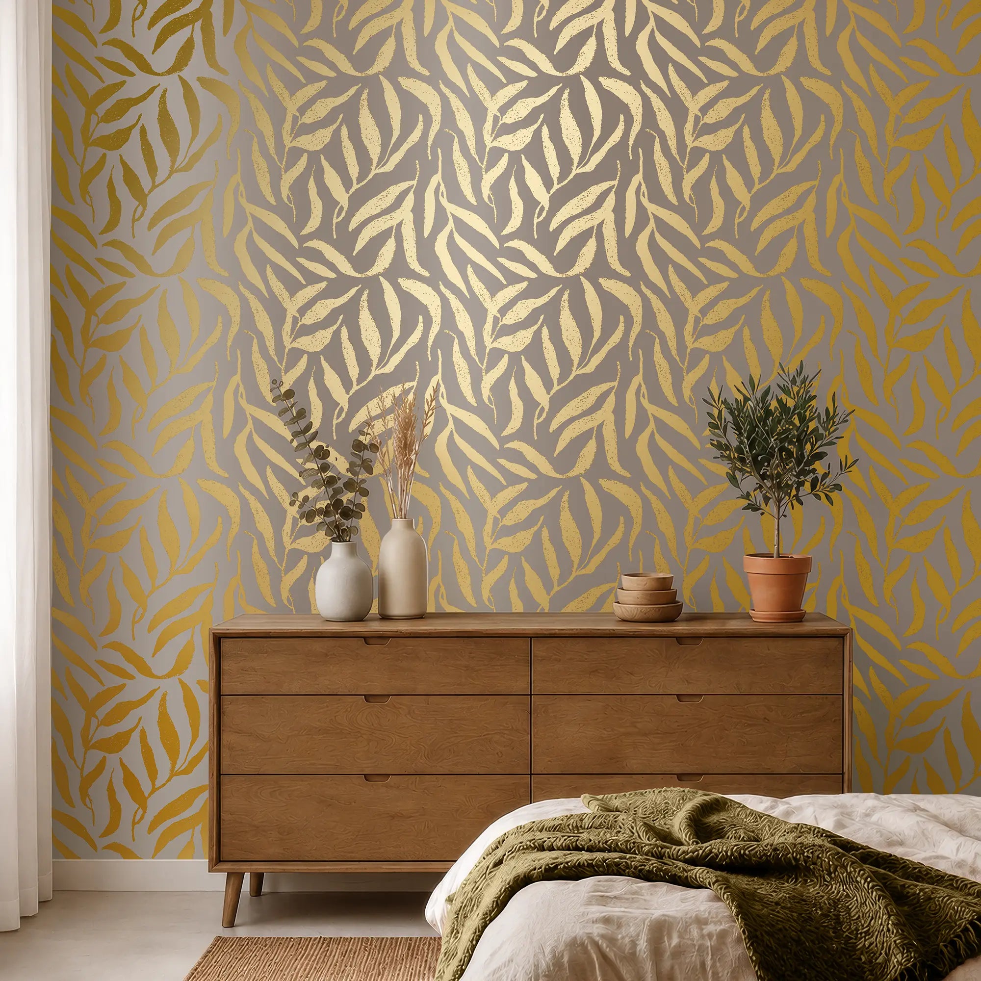 Olive Leaf Wallpaper in Almond with Gold Foil