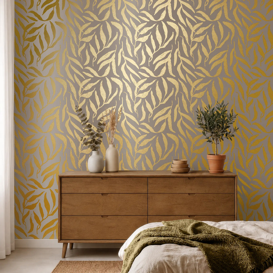 Olive Leaf Wallpaper in Almond with Gold Foil