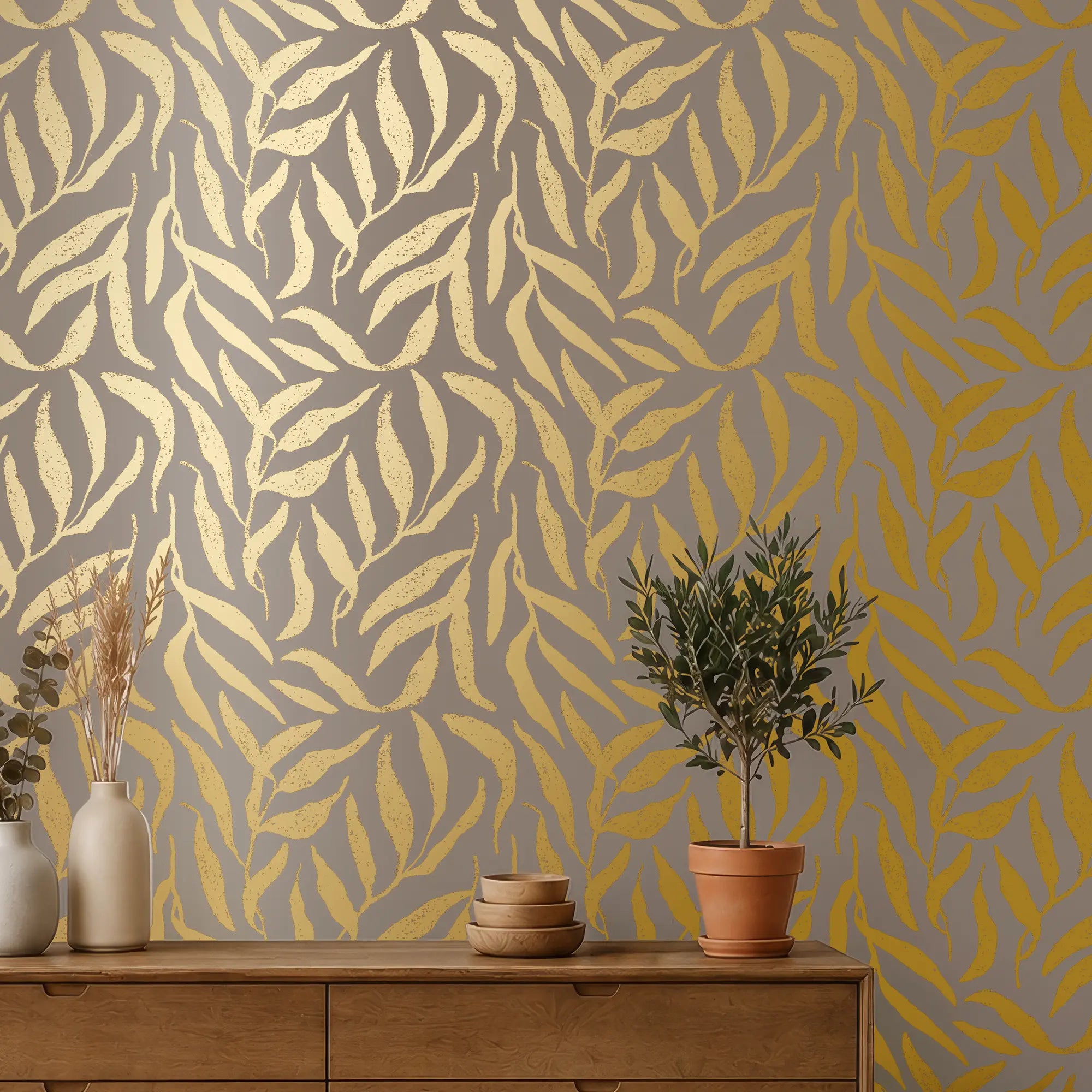 Olive Leaf Wallpaper in Almond with Gold Foil