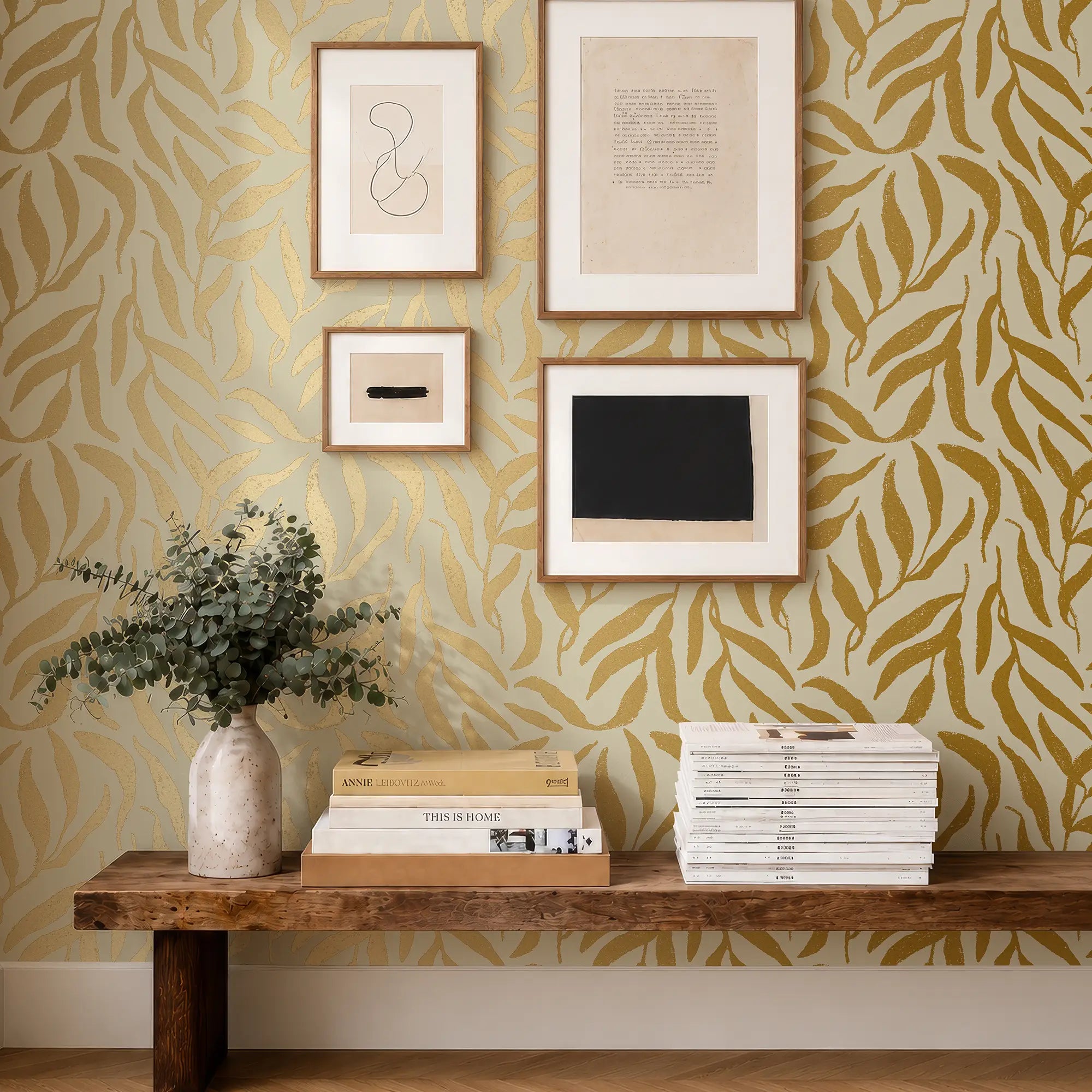 Olive Leaf Wallpaper in Beige with Gold Foil