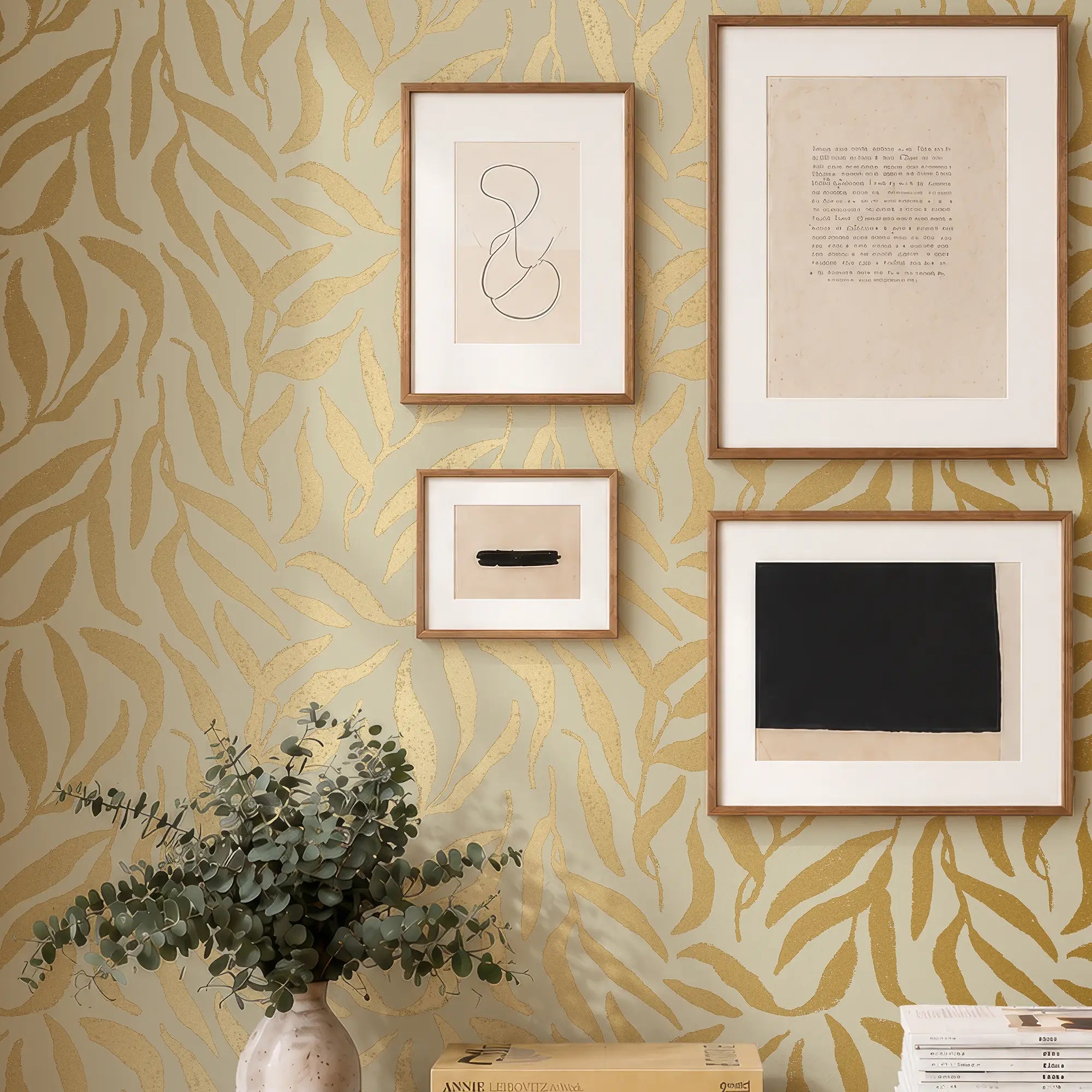 Olive Leaf Wallpaper in Beige with Gold Foil