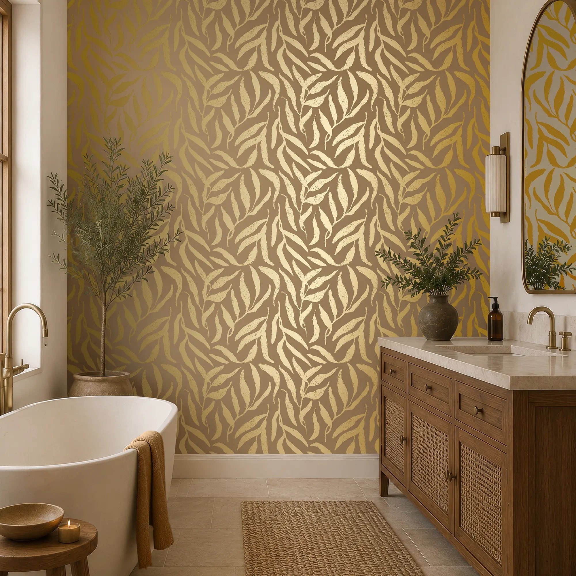 Olive Leaf Wallpaper in Caramel Latte with Gold Foil